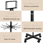 5-Tier Metal Spinning Display Stand Rack with Wheels, Black Iron, 50 Hooks, Lockable Wheels, Ideal for Jewelry, Accessories, Foods - color: Black