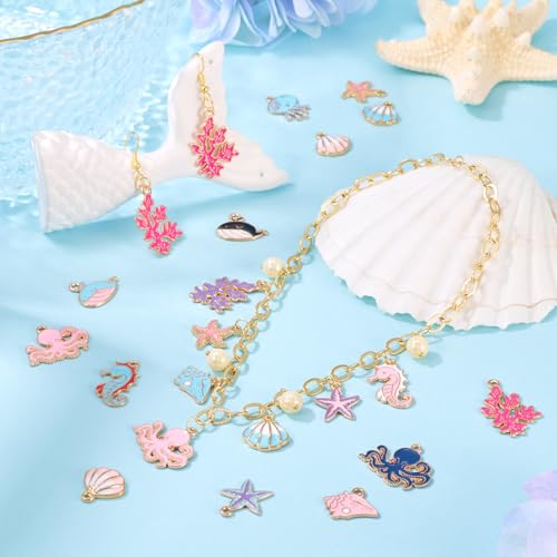 Cheriswelry 36Pcs Ocean Beach Sea Charms for Jewelry Making Assorted Summer Charms Starfish Shell Whale Jelly Fish Pendants 15-29mm for Earring Necklace Bracelet Supplies