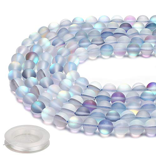 70PCS Natural 8MM Healing Gemstone, Synthetic Frosted Mermaid Energy Stone Round Loose Beads, Semi-Precious Crystal Beads with Free Elastic String for Jewelry Making DIY - color: Frosted Mermaid