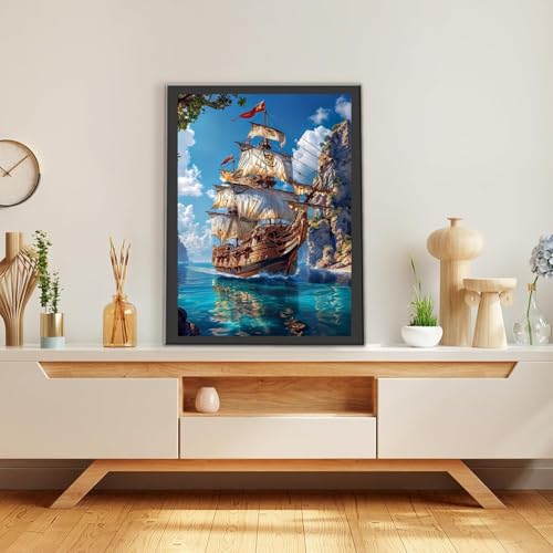 MOMDEDP 5D Diamond Painting Art Kit for Adults, Sailing Ship at Sea, Fantastic Landscapes DIY Full Drill Dots Gem Art Paint for Home Wall Decor 12 x 16 Inch