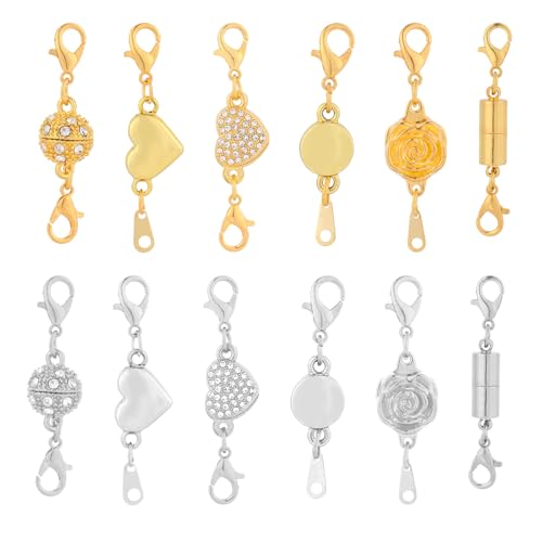 12pcs Magnetic Jewelry Clasp, 6 Styles Premium Magnetic Necklace Extenders with Double Lobster Clasps Jewelry Closures for Necklaces Bracelets (Silver, Gold-Colored)