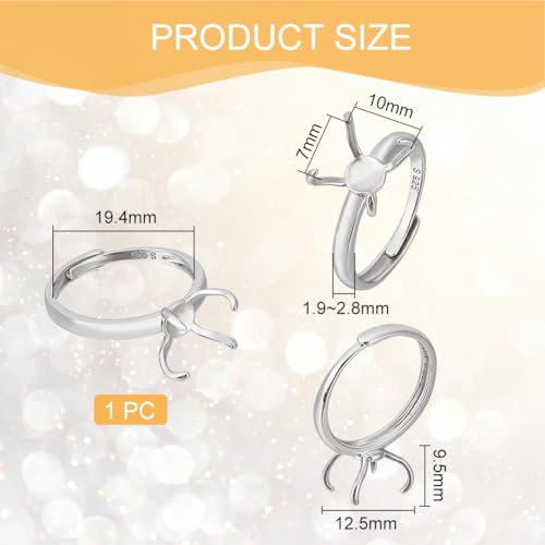 BENECREAT 925 Sterling Silver 4 Claws Ring Blanks, Silver Adjustable Ring Bases, 19.4mm Finger Ring Base, Claw Ring Components for Irregular Cabochon Ring Jewelry Making - color: Silver