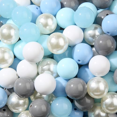 20mm Acrylic Beads 180pcs Winter Color Chunk Bubblegum Bead Blue&White Snow Style Beadable Pen Beads for Pen Bag Jewelry Making Necklace Bracelets (Blue&White&Gray) - color: blue&white&gray
