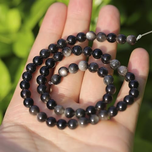 6mm Natural Stone Beads 65pcs Silver Obsidian Polished Round Smooth Crystal Loose Gemstone Beads for Jewelry Making DIY Bracelet Necklace Earring Crafts Supplies - color: Silver Obsidian 6mm-65pcs