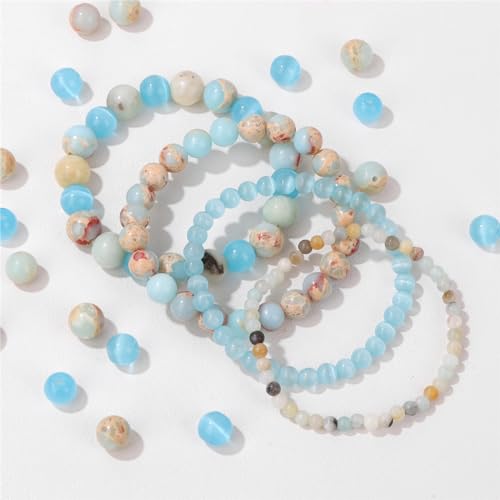 Vinswet 4pcs Beaded Bracelets for Women,Natural Healing Crystal Gemstones Bracelet,Anxiety Stress Relief Bracelet Handmade purple Jewelry Gifts for Women - color: Amazonite&Blue cat eyes&Blue Jasper