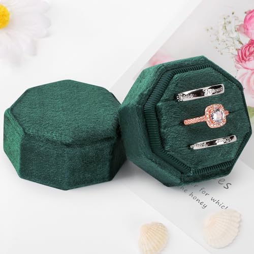 Velvet Ring Box 3 Slots, Premium Jewelry Ring Storage Gift Box Vintage Ring Display Holder Case for wedding ceremony Proposal Engagement (Emerald) - color: Emerald