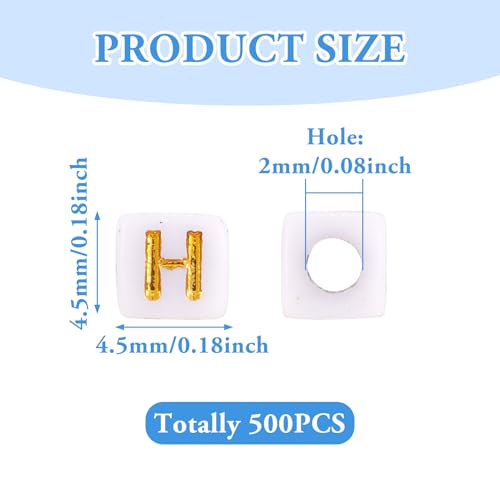 FASHEWELRY 500Pcs White Golden Letter Beads 4.5mm Square Alphabet Beads Acrylic Cube Letter H Beads for Friendship Bracelet Necklace Keychains Jewelry Making - color: Letter H