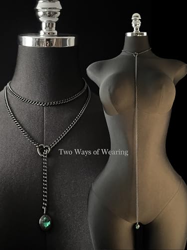 Heart Slip Chain Necklace for Women, 39 Inch Cuban Chain, Removable Heart O-Ring, Crystal Pendant, Adjustable Stainless Steel Y-Necklace - color: Black-Green