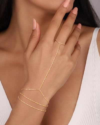 CHESKY 14K Gold Plated Hand Chain Bracelets for Women Set - Dainty Finger Ring Bracelet Stack Adjustable Hand Chains Durable Beaded Bracelets Trendy Simple Body Jewelry Gift for Women - style: 3thin bracelet-gold
