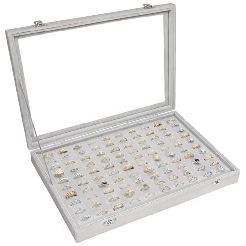 Siveit Velvet Ring Display Tray Organizer Box with Transparent Lid, 100 Slot Ring Holder Showcase For Store Display Jewelry Show Home, Ring Organizer For Rings Earrings (Grey) - color: Grey