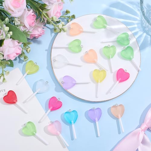 20Pcs Lollipops Resin Charms Colorful Heart Lollipop Charms Candy Dangle Pendants Lollipops Charm Pendant Bulk for Earrings Bracelets Necklaces Jewelry Making DIY Crafts Supplies - size: 46x22mm