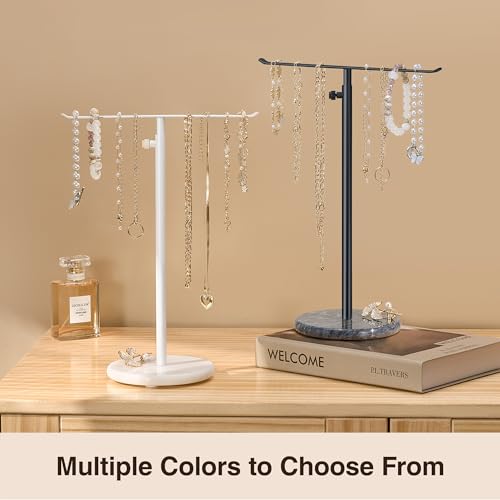 Black Necklace Holder Jewelry Organizer Stand – Adjustable Height T‑Bar Jewelry Display with Dark Gray Marble Base, Necklace & Bracelet Holder, Countertop Jewelry Rack - color: Black