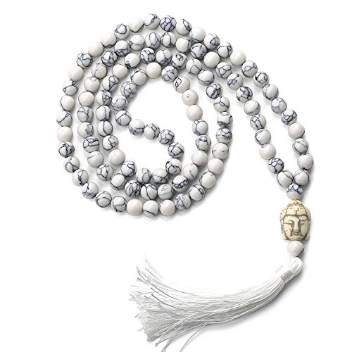 LIUANAN 108 Mala Beads 8mm Natural Bracelet Healing Gemstone Yoga Meditation Hand Knotted Mala Prayer Bead Necklace - color: White Natural Turquoise