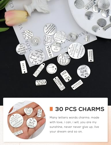 JIALEEY Motivational Charms, Wholesale Bulk Lots Inspirational Message Charm Pendants for Crafting, Jewelry Findings Making Accessory For DIY Necklace Bracelet, 30PCS