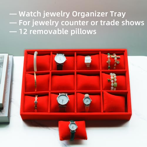 Jewelry Watch Tray, Red Velvet Watch Jewelry Organizer 12 Grid, Stackable Watch Bracelet Bangle Display Holder, Adjustable Pillows, for Man Woman Show Birthday - color: Red