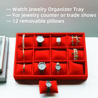 Jewelry Watch Tray, Red Velvet Watch Jewelry Organizer 12 Grid, Stackable Watch Bracelet Bangle Display Holder, Adjustable Pillows, for Man Woman Show Birthday - color: Red
