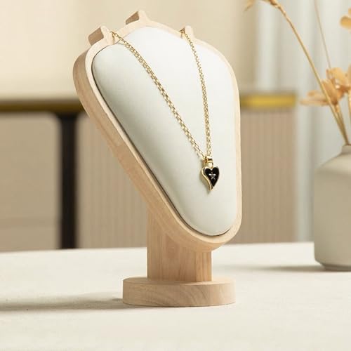 TANG SONG 8.27" Natural Wooden Base Leather Soft Mat Necklace Display Stand Jewelry Organizer Holder (Natural-White) - color: Natural -White