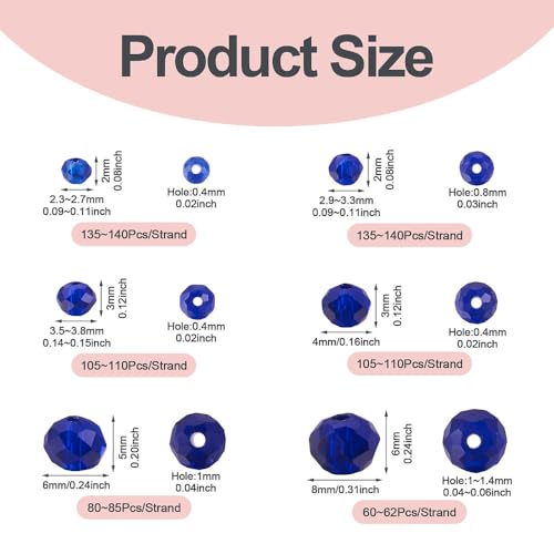 6 Strands Faceted Crystal Glass Beads Strands 3/4/6/8mm Rondelle Electroplate Glass Loose Spacer Beads Pearl Luster Plated for DIY Bracelet Necklace Jewelry Making, Blue - color: 2/3/4/6/8mm-Blue
