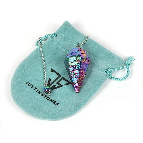 Justinstones Metallic Rainbow Coated Dragon Blood Fossil Gemstone Rock Crystal Hexagonal Pointed Reiki Chakra Pendant Pendulum - color: Metallic Rainbow Coated Dragon Blood Fossil