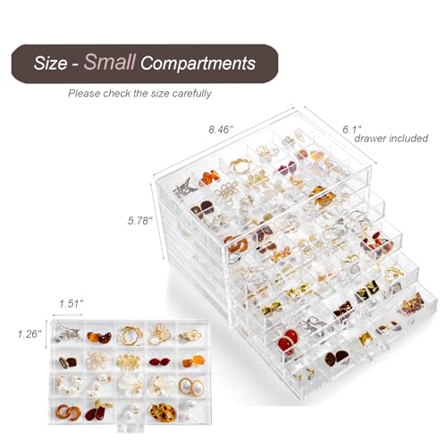 YUFONG Earring Holder Organizer Acrylic Earring Storage Box for Girls Women Jewelry Organizer Display Case with 100 Small Compartment (Clear, 5 Drawers)