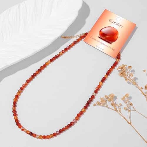 Crystal Choker Necklaces for Women,4mm Handmade Natural Stone Choker Beaded Necklace Healing Crystal Necklace Gemstone Bead Necklaces for Women - color: Carnelian