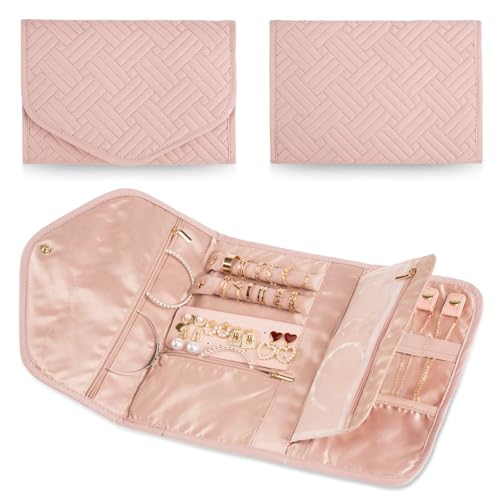 Amrules Travel Jewelry Organizer Bag Anti-Tangle Foldable Small Jewelry Roll Travel Case Accessory for Necklaces, Earrings, Rings, Bracelets, Watches, Pink - color: Pink, size: Medium
