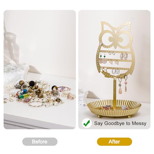 NIKKY HOME Earring Holder Hanging Organizer Stand Metal Jewelry Tree Table Top Owl Ear Stud Holder Tower Rack with Ring Tray for Girls (134 Holes), Gold - color: Gold