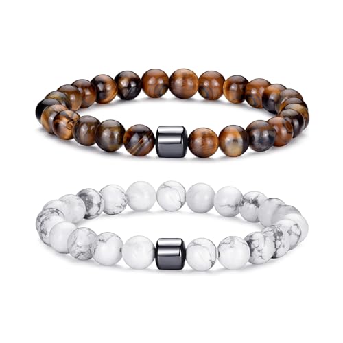 RANKEEF Tiger Eye Bracelet For Men 8MM Natural Stone Stretch Adjustable Black Crystal Beaded Bracelet for Men Women Gifts - color: 2,tiger eye,white bracelet