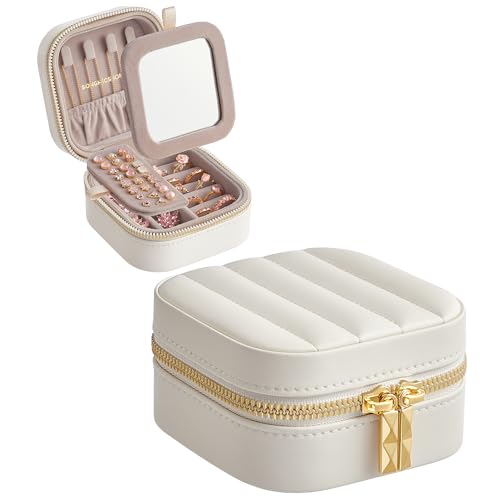 SONGMICS HOME Travel Jewelry Case, Small Jewelry Box Organizer with Mirror, 4.1 x 4.1 x 2.4 Inches, Stitching, Portable, Gift Idea, Cloud White UJBC179W01 - color: Cloud White, size: 4.1"W
