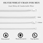 2.5mm/4mm Silver Wheat Chain for Men Women, Mens Silver Plated Over Stainless Steel Wheat Chain - color: Silver-4mm, size: 20 Inches
