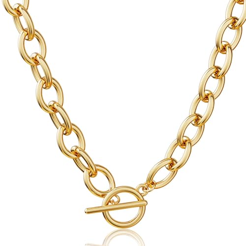 CHESKY 14K Gold Plated Chunky Necklace for Women, Trendy Paperclip Chain Necklace Thick Cross Heart Pendant Necklace Layered Herringbone Cuban Link Chain Toggle Necklaces Non Tarnish Jewelry - color: gold, style: paperclip