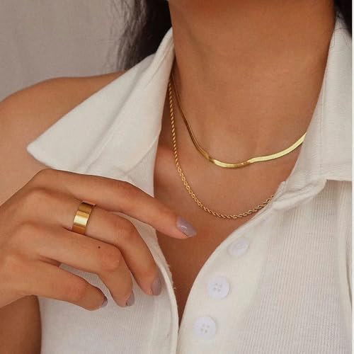 Gold Layered Necklaces for Women, 14K Gold Plated Dainty Gold Chain Choker Necklace Stack, Herringbone Gold Necklaces Set - color: gold-3-Herringbone