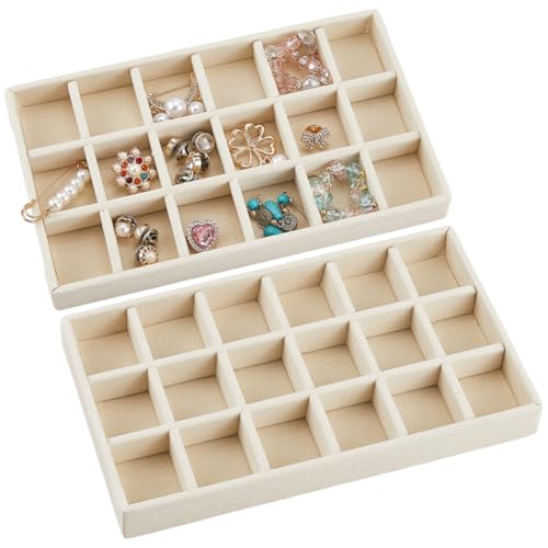 2Pcs 5 x 8.3 Inch Jewelry Box Tray Velvet Jewelry Drawer Insert Antique White 18 Grids Divided Stackable Necklace Storage Container Dresser Drawer Case for Earring Rings Display Showcase - style: White 18 Grids