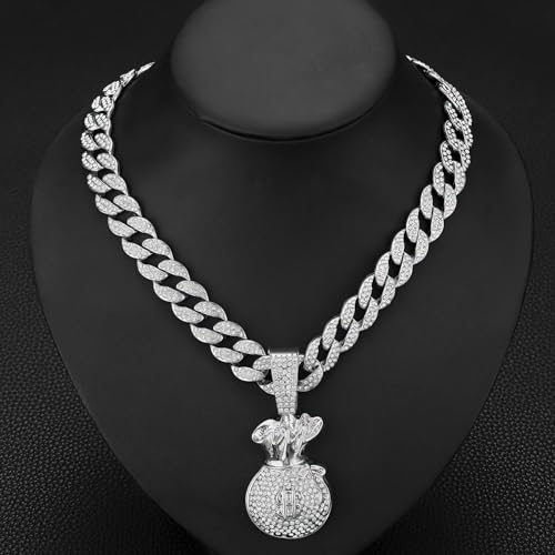 Ice Out Chain for Men Premium Zircon Stones Hypoallergenic Durable Hip-Hop Streetwear Chain Necklace Men - color: Silver, style: Dollars Bag
