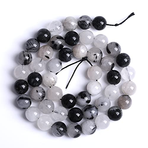 10MM 36PCS Natural Crystal Stone Black Rutile Quartz Gemstone 2A Grade Loose Beads for Jewelry Making DIY Bracelet Necklace Semi Precious Beads 1 Strand - color: Black Rutile Quartz, size: 10mm