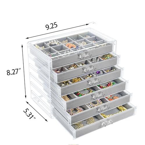 Watpot Acrylic Jewelry Box with 6 Drawers, Clear Earring Storage Organizer Display Case for Women Girls, Gray - color: Gray 6 Layers