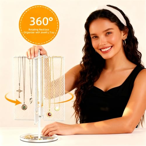 Rotating Necklace Holder with 40 Hooks, Earring Stand Mesh Grid Storage, 15-Inch Jewelry Display with Tray for Long Necklaces & 50+ Earrings for Women, White
