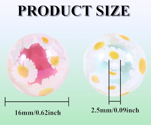 15Pcs Acrylic Beads Round 16mm UV Bead in Bead with Daisy Print Fit for DIY Jewelry Bracelet Necklace Keychain Beadable Pens Mobile Phone Chain Making Cute (Daisy-Mixed Color) - color: Daisy-Mixed color