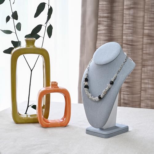 MOOCA 2 Pcs Linen Covered Wood Necklace Display Busts - Elegant Jewelry Chain Mannequins for Necklaces - 6 3/8 W x 4 1/4 D x 10 H in, Dim Grey - color: 5) Dim Grey Linen, 2 pieces