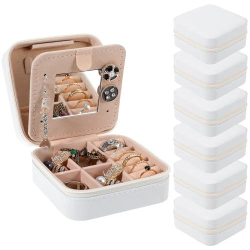 6Pcs PU Leather Small Travel Jewelry Case Organizer Storage, Bridesmaid Gifts Jewelry Box with Mirror for Women Girls