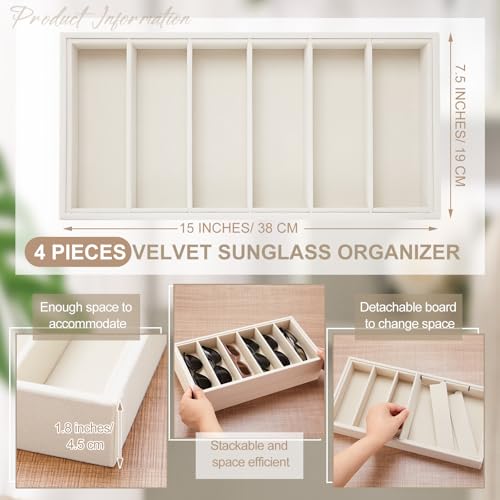 Juexica 4 Pcs Velvet Sunglasses Organizer Tray 6 Grid Sunglass Organizer Velvet Tray Stackable Glasses Display Case for Women Glasses Jewelry Display Watch (Beige) - color: Beige