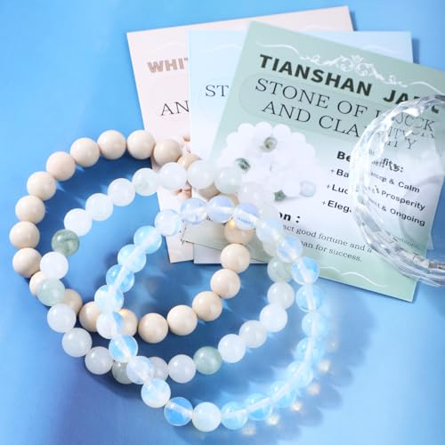 2/3-Pieces 4mm 6mm 8mm Natural Crystal Gemstone – Handmade Reiki Energy Healing Stretch Bracelets Jewelry for Yoga, Meditation, Unisex - color: 3 Pieces (Opalite&TianshanJade&WhiteFossilJasper), size: 6mm