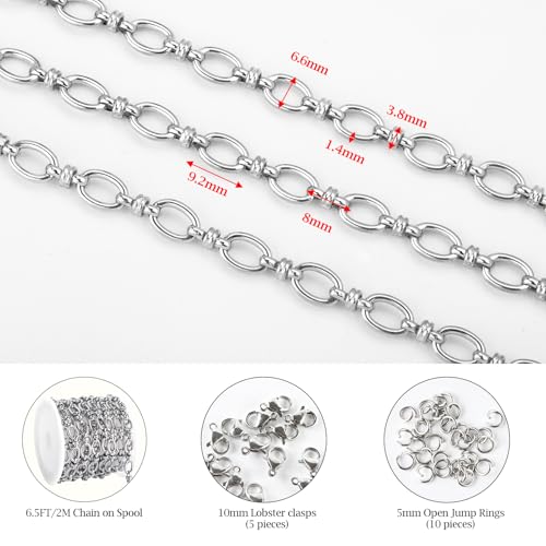 KYUNHOO 6.5FT/2M Oval Circle Chain Spool Silver Chain Roll Soldered Stainless Steel Chains Rolo Jewelry Chain with Connectors for Jewelry Making Supplies - color: Circle Silver