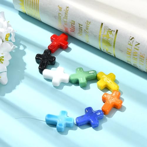 Stiesy Handmade Lampwork Glass Cross Beads, 8Pcs Crucifix Spacer Loose Beads Bulk for Jewelry Making, DIY Christian Rosary Necklace and Keychain Craft - color: Cross-8 Colors-8pcs