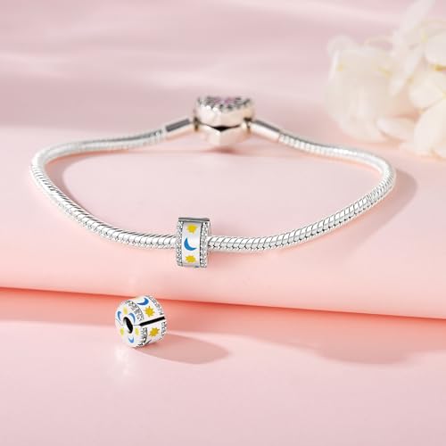 Spacer Stopper Beads for Bracelets & Necklaces, 925 Sterling Silver Beads | Smooth & Pave Cubic Zirconia (White, Blue, 18K Gold Plated) | Anti-Slide Separator Charms S925 Women Jewelry - color: Luminous Stars And Moon-Bead Charms