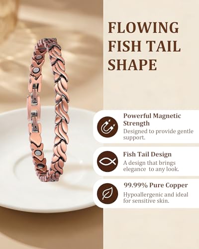 Copper Bracelets for Women, Ultra Strength Magnetic Therapy Bracelet for Pain Relief with Neodymium Magnets, Adjustable Jewelry Gift with Sizing Tool - color: Copper Fish-tail