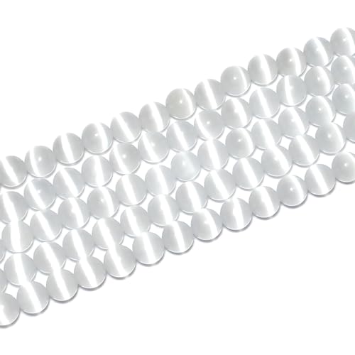 100pcs White Cat Eye Beads 8mm Round Semi Precious Stone Hole Size 1mm DIY Charm Spacer Beading Smooth Gemstone Loose Beads for Jewelry Making Bracelets Necklaces Earrings Crafting - color: White