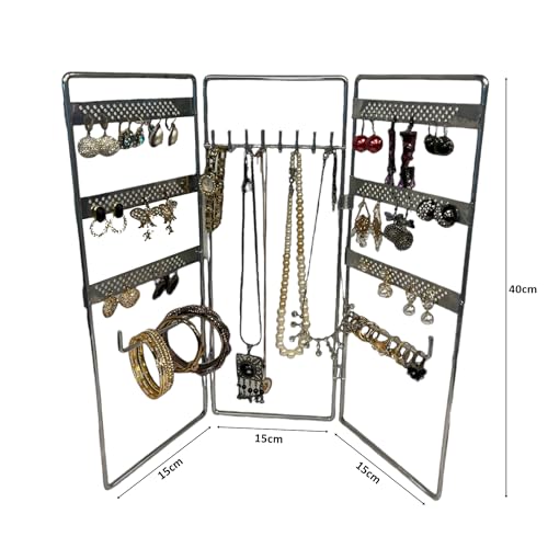 Jewelry Holder, Jewelry Organizer, folding 3 piece Jewelry Display Stand with Metal Frame, Necklace Earring Bracelet Holder, for Studs, Rings, Gift Idea, Gold, Silver, Black Color (SILVER) - color: SILVER