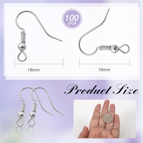 TOAOB 100pcs Earring Hooks Hypoallergenic French Ear Wires with Ball and Coil 18mm Silver Tone Fish Hook Earrings Making Supplies for DIY Jewelry Making - color: Silver