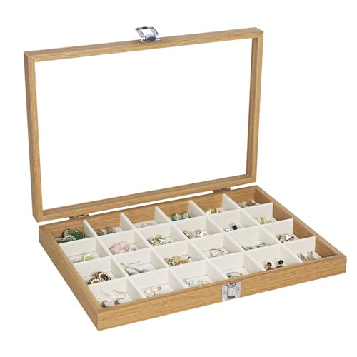 Stratalife Jewelry Organizer Wooden Jewelry Box Jewelry Display Case Jewelry Tray with Glass Lid Earring Holder Organizer Bracelet Ring Organizer 24 Grid Jewelry Tray Vintage Gift for Women - color: Beige, size: 24